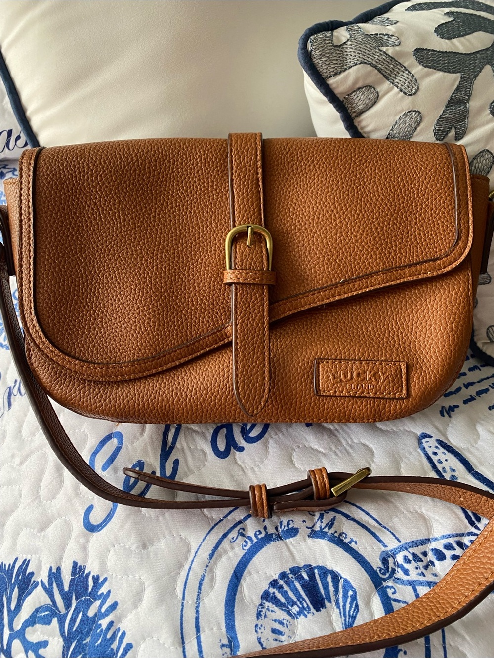 Lucky Brand Cognac Pebbled Leather Crossbody with Gold Buckle